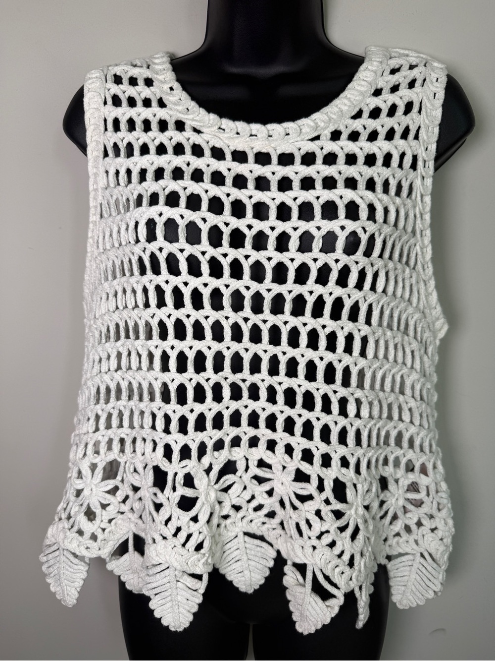 Nanette Lepore Crochet Knit Sleeveless Top Ivory Boho Sz L